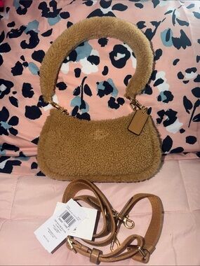 Coach Camel Teddy Shearling Shoulder Bag with Gold Hardware